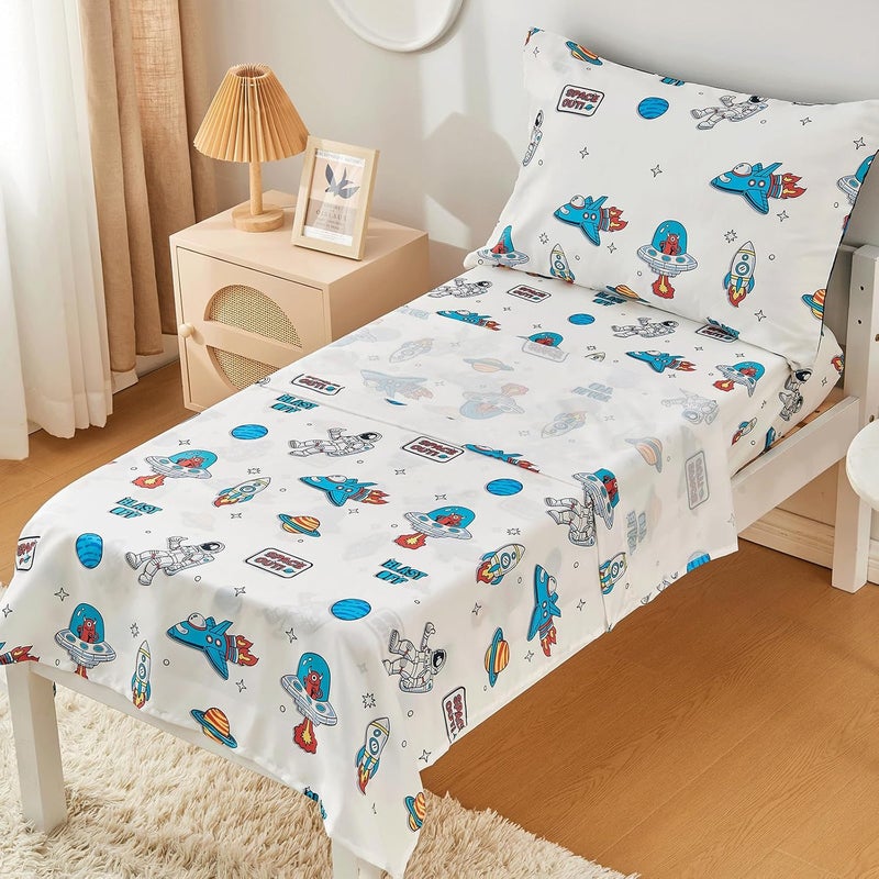 beeweed 2 Sides Design Rocket Toddler Comforter Set, 4 Pieces Space Ship Toddler Bedding Set Boys Girls, Includes Comforter, Fitted Sheet, Flat Sheet & Reversible Pillowcase - Image 3